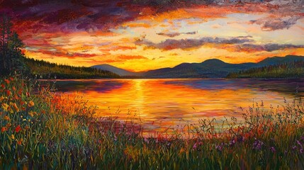 A breathtaking sunset illuminates the sky with vibrant hues while its reflection dances on the calm waters of a lake, bordered by lush green forests and wildflowers