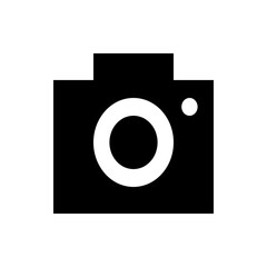 Illustration of a black camera with a white lens and flash on a white background in a simple style