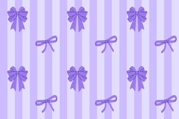 Seamless pattern of purple ribbon bows on soft lilac vertical striped background for packaging and festive designs
