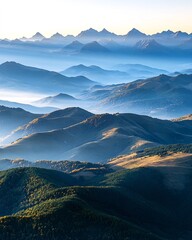 Majestic sunrise over layered mountains, misty valleys, autumnal hues; perfect for travel brochures
