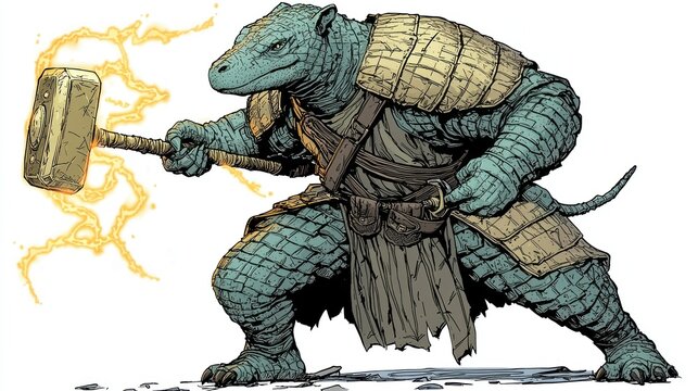 Lizardman Warrior wielding enchanted hammer