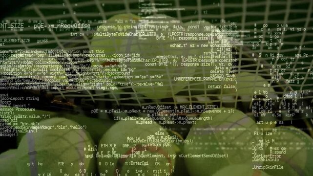 Three yellow green tennis balls being rendered behind racket strings with tech code overlay in 3D