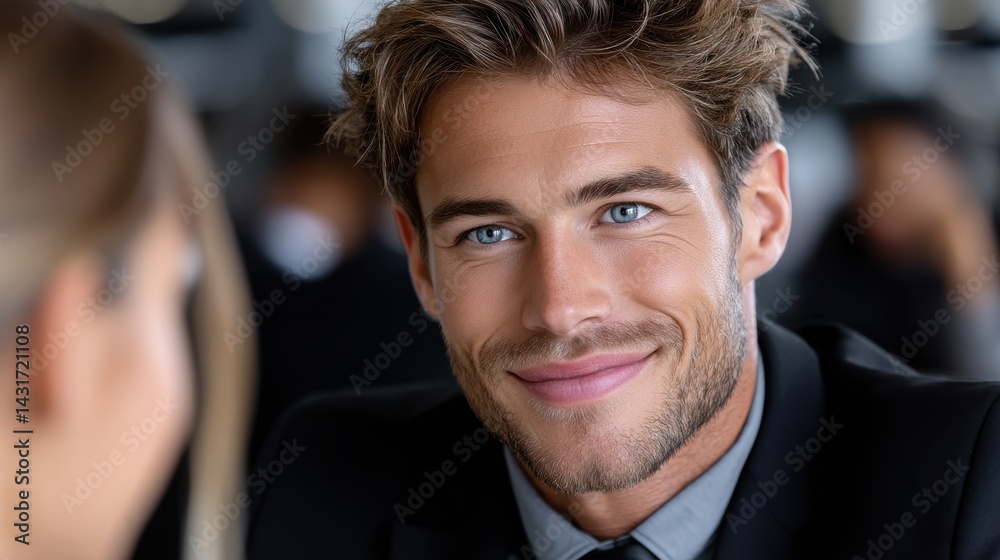 Poster a man with a beard and a smile is sitting at a table with a woman