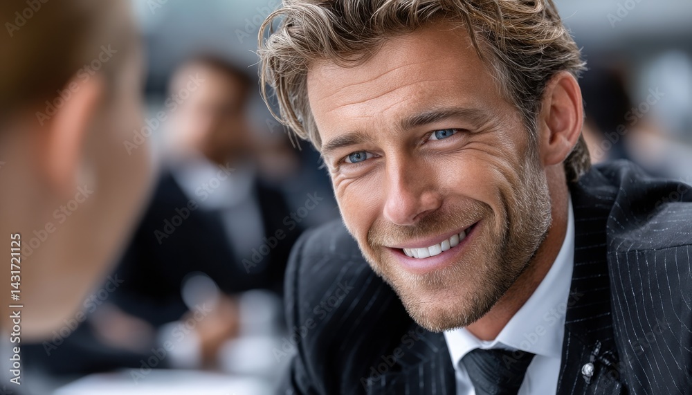 Poster a man in a suit is smiling at the camera