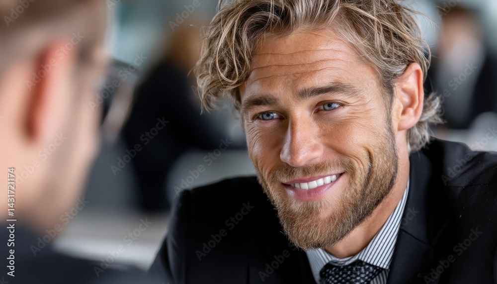 Poster a man with a beard and glasses is smiling at the camera