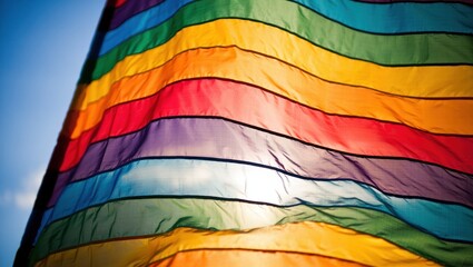 Fototapeta premium Vibrant rainbow flag waving in clear blue sky: symbol of diversity and pride