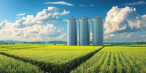 Several  silver silos standing in a vast green field under a blue sky with white clouds.   