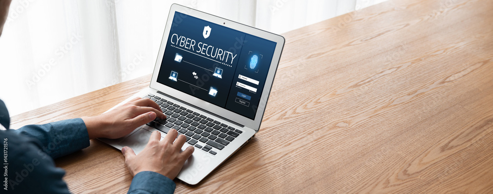 Poster cyber security system on computer screen protect private information snugly from hacker and cyber at