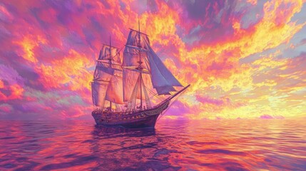 Obraz premium A grand sailing ship with billowing sails moves gracefully across calm waters as the sky bursts into a kaleidoscope of colors at sunset, creating a breathtaking view