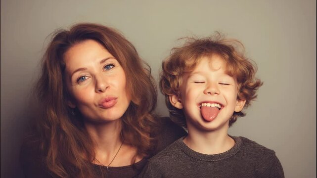 Young mother and little son are photographed on a mobile phone making selfie. Family leisure,entertainment and fun. Making funny faces. Sticking out tongue and duck face or kiss. Happy family portrait