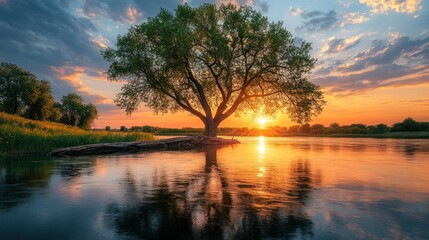 Tranquil sunset over river, solitary tree