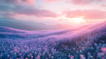 Fototapeta premium field flower meadow beautiful sunset countryside violet blooming pink nature background