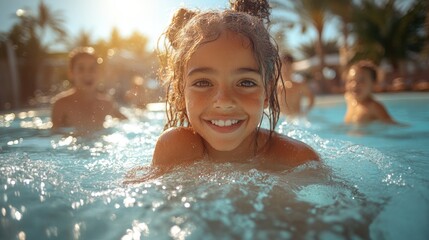 A family joyfully splashing in a bright pool under a sunny sky, encapsulating themes of happiness and togetherness during summer vacations