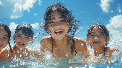 A family joyfully splashing in a bright pool under a sunny sky, encapsulating themes of happiness and togetherness during summer vacations