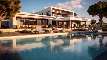 Fototapeta premium A fantastic private villa with a terrace view, sunbeds, and a luxury pool, representing a tranquil summer vacation
