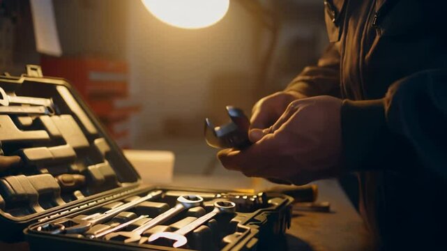 Mechanic selecting tools from a toolkit under warm workshop light. Handyman preparing for repair work, focus on hands and metal instruments.