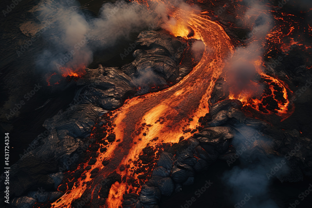 Wall mural volcano eruption from a bird view. volcano crater and magma flow shot from above. genertated ai.