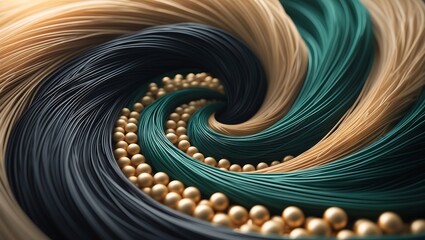 Abstract Swirling Design Teal, Black, and Beige Threads with Golden Pearls