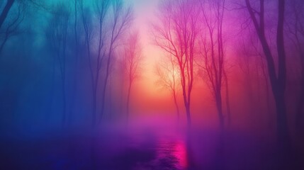 Ethereal fog rolling through a neon forest, glowing bioluminescent tree