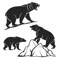 Three Bears Silhouettes: Black & White Wildlife Vector Art -  Majestic Bear Family.