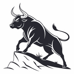 Powerful Black Bull Silhouette on Rock - Majestic Animal Vector Graphic.