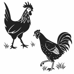 Elegant Black Rooster Silhouettes: Farm Animal Vector Graphics.