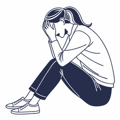 Sad Woman Minimalist Line Art Illustration - Depression, Loneliness.