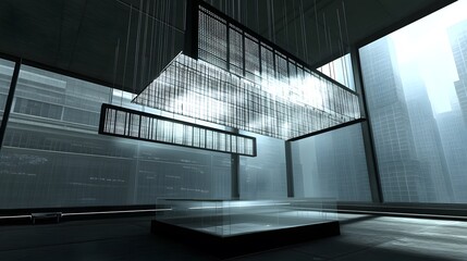 Fototapeta premium Modern minimalist interior with a unique rectangular light installation hanging from the ceiling. Large windows offer a city view. A glass display case sits in the center of the room.