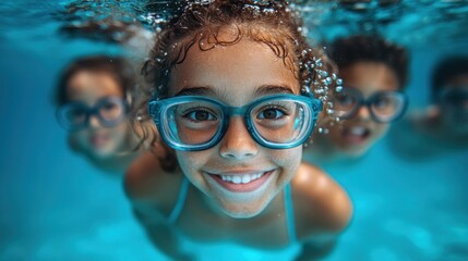 A group of children happily swimming together in a pool, enjoying their summer vacation