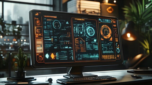 Futuristic computer monitor displays glowing teal and orange HUD interface. Set in a modern, dimly lit office with plants. Sleek design, advanced technology. - Powered by Adobe
