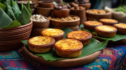 Bibingka arranged with other Filipino kakanin on banana leaves, rustic market or home celebration atmosphere with bright cultural colors