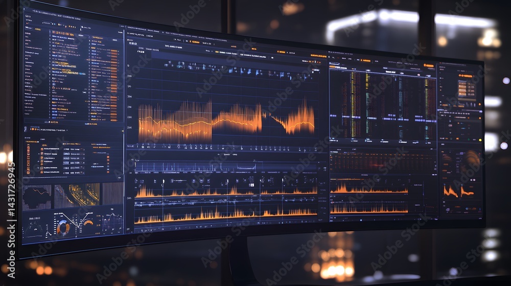 Poster a large monitor displays complex data visualizations, charts, and graphs, suggesting a high-tech wor