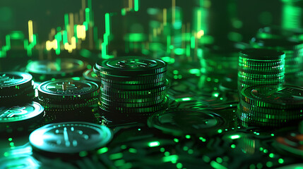 Growing money, finance and investment. Coins stack the growth comparison year 2024 to 2025 with a green success graph in 2025. business growth, profit,