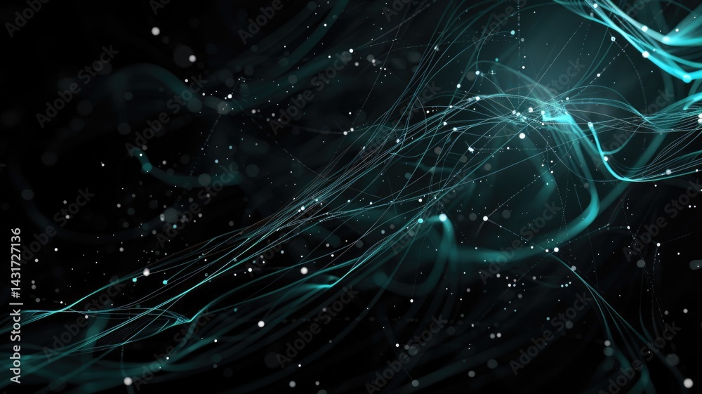Poster abstract picture of turquoise particle with sparkle atom style design connect and flow show energy d