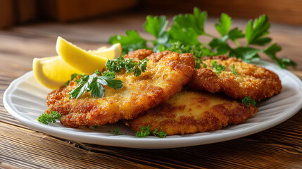 Traditional Wiener schnitzel served on a white plate with golden crispy breading, lemon wedge and parsley garnish, rustic wooden table