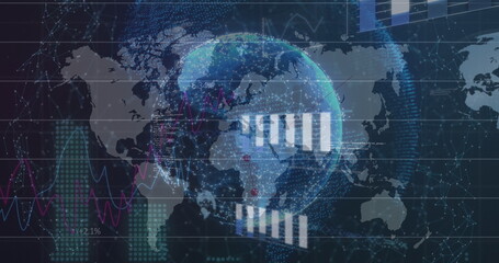 Image of globe and data processing over network of connections on black background