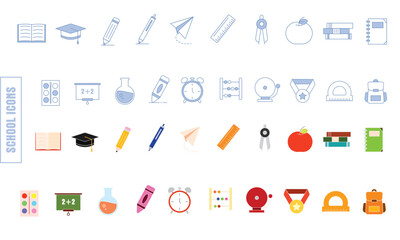 Flat and outline school icons. Vector