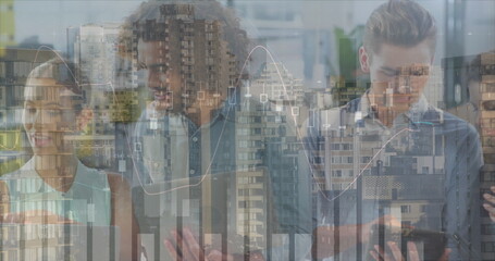 Image of financial data processing over diverse business people and cityscape