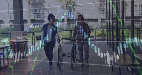 Image of data processing over biracial male friends with bicycles