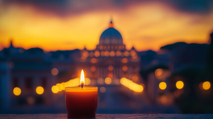 Focus on a burning candle in the evening with St. Peter's Basilica in the background, death of the pope pontiff. Important church in vatican city in the background. Respect and commemoration.