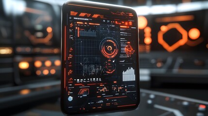 Futuristic tablet displaying a complex, orange and black interface with graphs, charts, and data visualizations.  Set against a blurred, high-tech background.