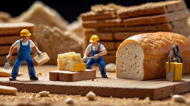 Miniature Construction Workers Building a Giant Loaf of Bread A Hilarious Diorama