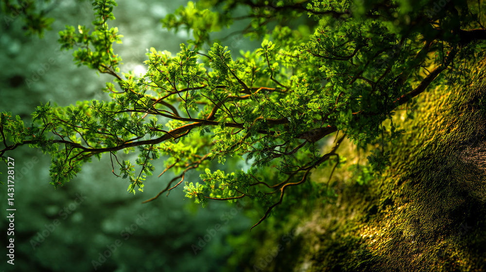 Poster close-up of lush green foliage on a tree branch, sunlight illuminating leaves, creating a vibrant an