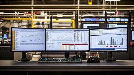 Three monitors display financial charts and data in a modern control room setting. A keyboard and phone sit on a clean desk. The background suggests an industrial or technological environment.