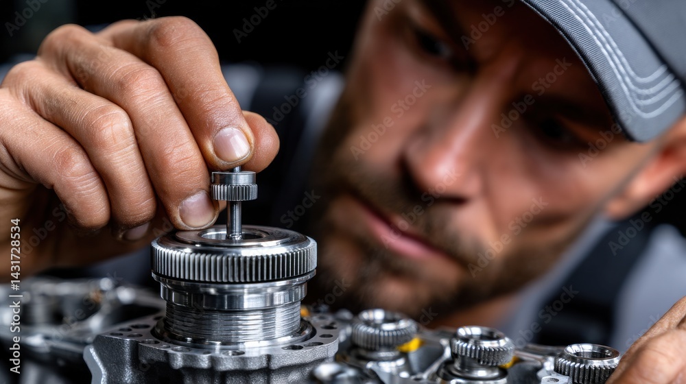 Poster a man is working on a machine with his hands