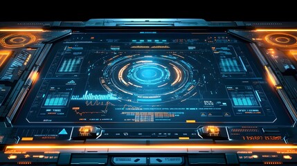Futuristic digital interface with glowing blue and orange elements.  Displays various data graphs and charts on a sleek, dark control panel. Sci-fi technology concept.