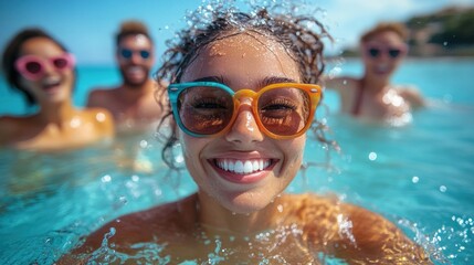 A group of friends wearing colorful sunglasses, splashing water in the pool on a sunny day, capturing the excitement of summer fun