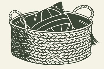 Obraz premium 31 Woven fabric basket, dark sage green, textured surface, overlapping layers, rounded square shape, handles on sides, soft cushion design, minimalist style, modern home decor, intricate weave pattern