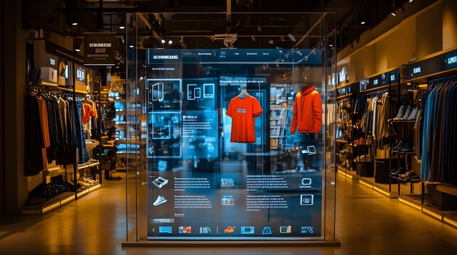 Modern clothing store interior with interactive digital display showcasing apparel and product information.  Stylish clothing racks and warm lighting create an inviting atmosphere.