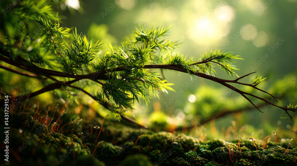Poster green branch with lush foliage over mossy surface, sunlight filtering through, creating a serene and